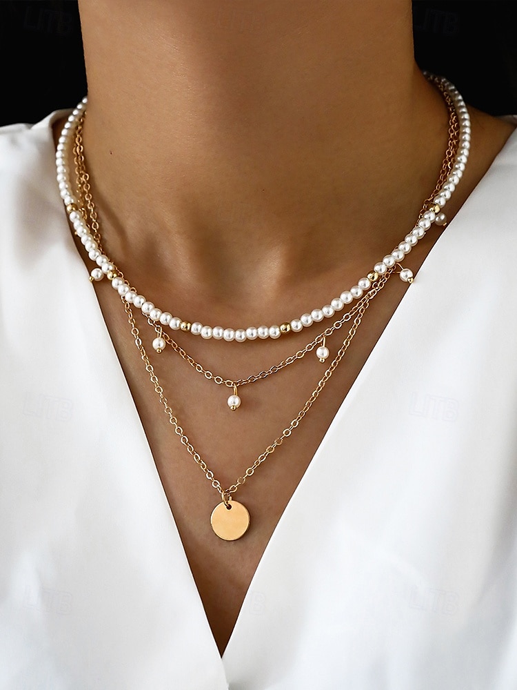 elegant lagerpärlhalsband för kvinnor – guldkedja med vita simulerade pärlor, klassiska vintagesmycken för bröllop, fester och formella evenemang 2025 - $7.99 –P3