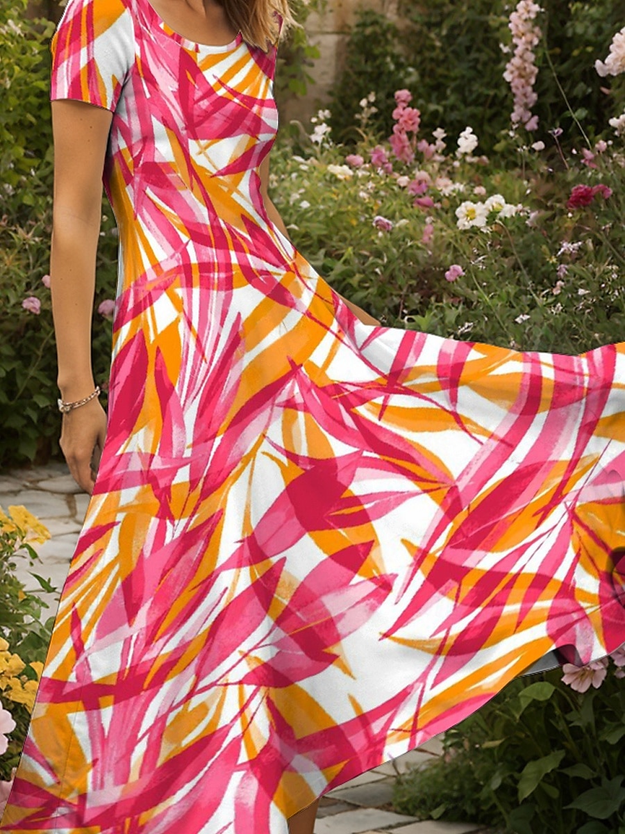 Femmes Robe maxi Robe Décontractée Robe trapèze Robe d'été Vacances ancien Ethnique Coupe régulière Graphique Feuille Géométrique Manche Courte Col carré Jaune Rouge Bleu Violet Été Printemps de 2025 ? $31.99 –P3