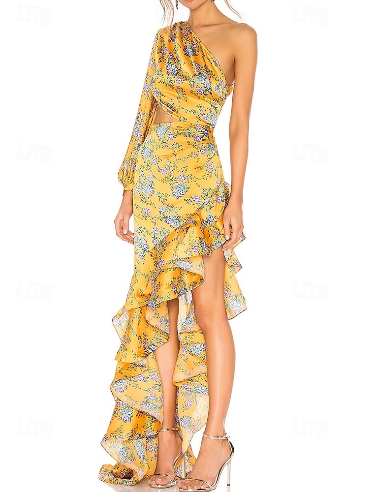 Mermaid / Trumpet Evening Gown Elegant Dress Wedding Wedding Guest Floor Length Long Sleeve One Shoulder Asymmetrical Neckline Satin with Floral Print Pleats Ruffles Wedding Guest Dress 2025 2025 - $99.99 –P3