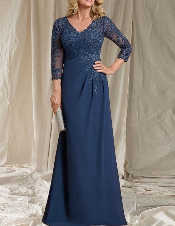 A-Linie Brautmutter Kleid Hochzeitsgast Elegant V-Ausschnitt Bodenlänge Chiffon 3/4-Länge Ärmel mit Perlenapplikationen 2025 - $197.99 –P1