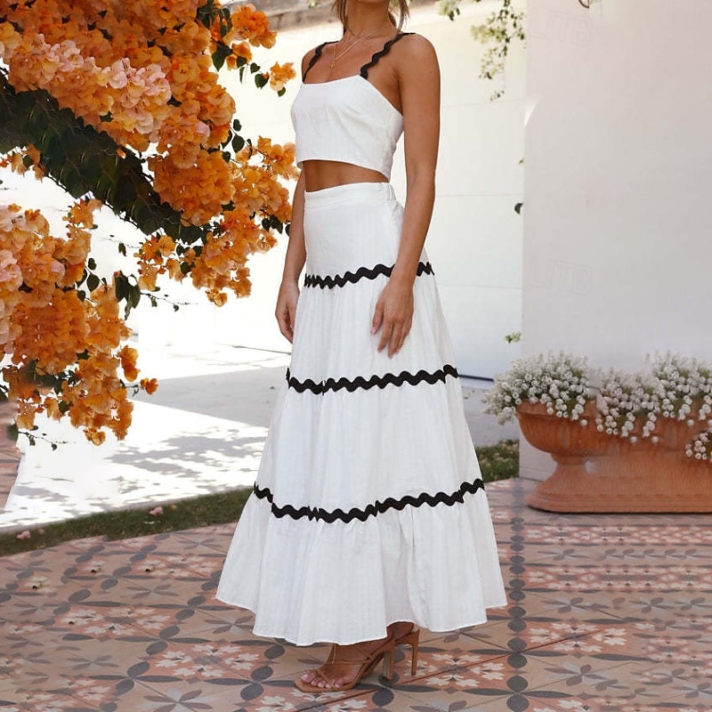 Damen Midikleid Weißes Kleid Abschlusskleid Zweiteiliges Kleid Mode Geburtstag Abschlussfeier Date Normale Passform Farbblock Ärmellos Spaghettiträger Hellgelb Weiß Sommer 2025 - $32.99 –P4