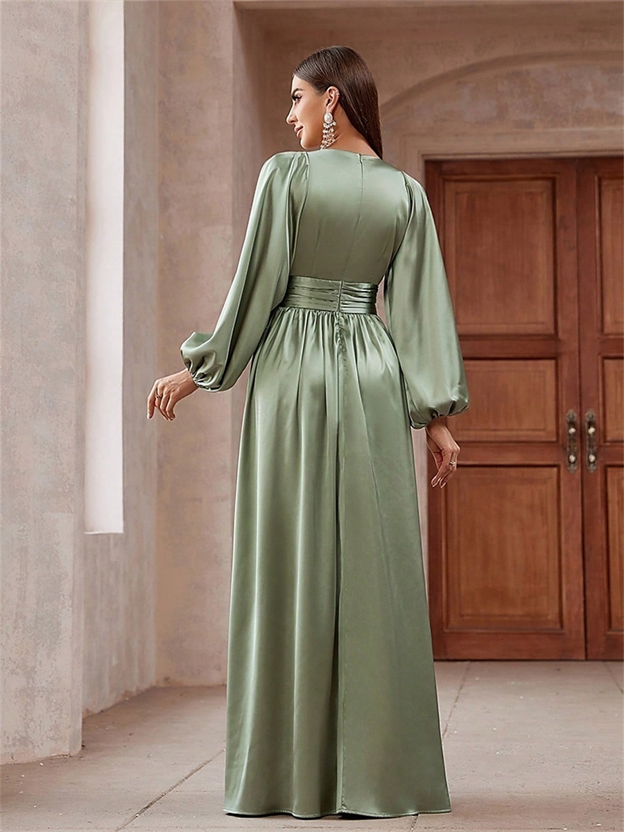 A-Linjet Quinceanera Klänningar Elegant Klänning Bröllop Bröllopsgäst Golvlängd Lång Ärmar V-Hals Polyester Med Fållar 2025 - $89.99 –P6