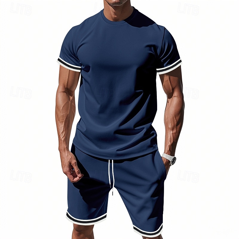 Hombre Trajes de camiseta Trajes de 2 piezas Camiseta y pantalones cortos Manga Corta Cuello Mao Verano A Rayas Moda Casual 2 Piezas Vacaciones Ropa Cotidiana Noche Negro Rojo Azul Marino Oscuro 2026 - $32.99 –P8