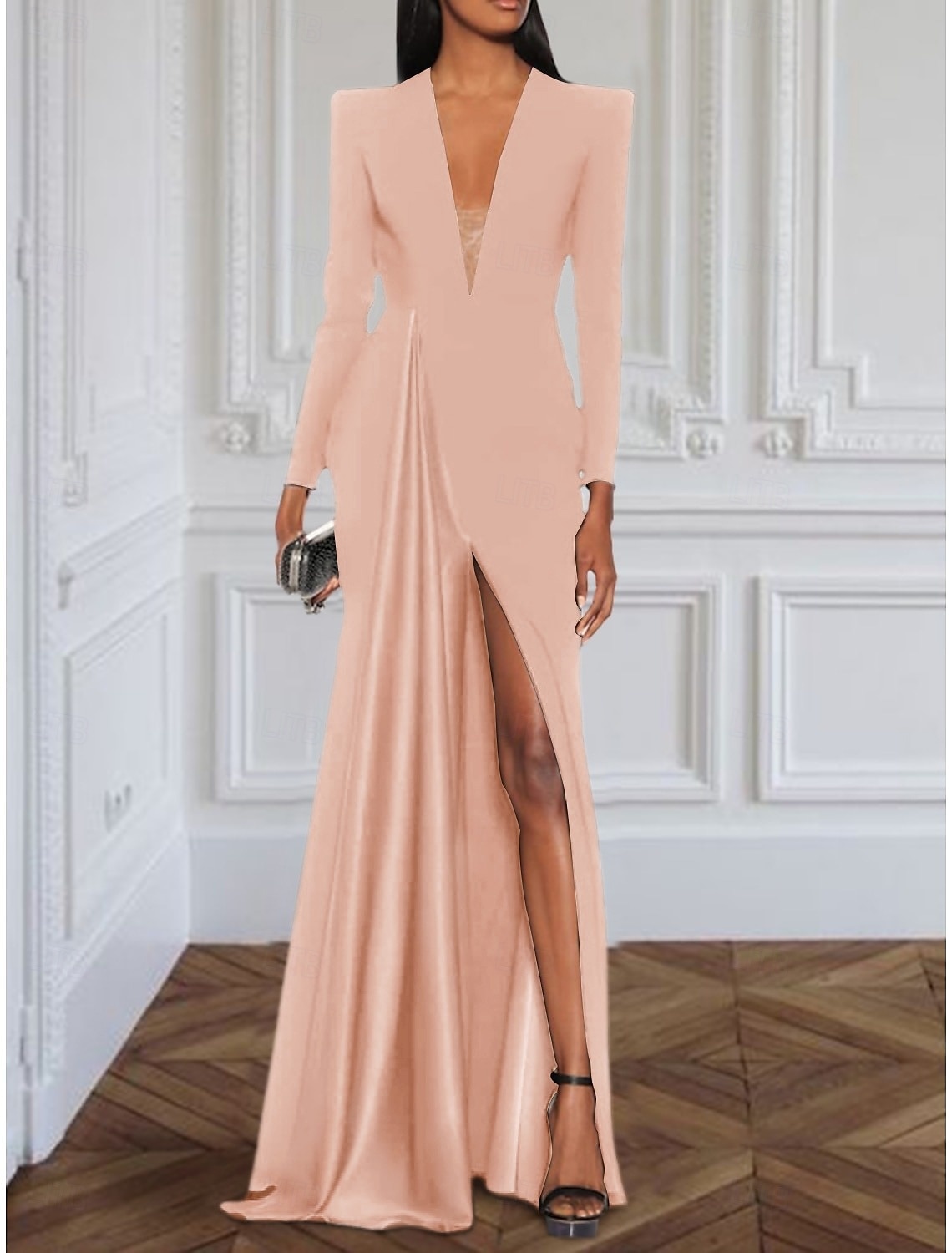Robe de soirée en A robe élégante de mariage formelle traîne balayante/traîne courte à manches longues col en V en crêpe extensible avec plis fente de 2025 ? $158.99 –P7