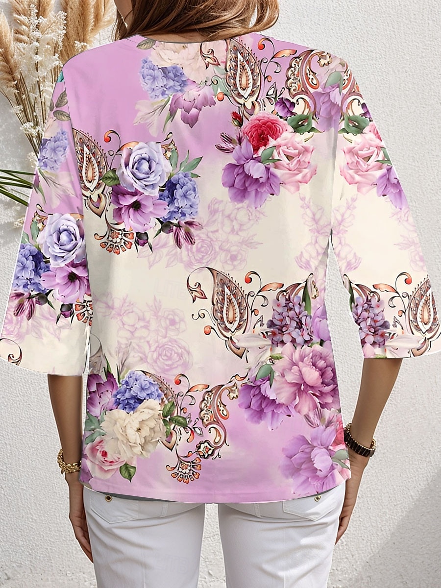 Per donna Blusa Floreale Pop art Moda Stile da spiaggia Manica corta A V Top regolari Giornaliero Stampa Viola Primavera Autunno del 2025 a $25.99 –P2