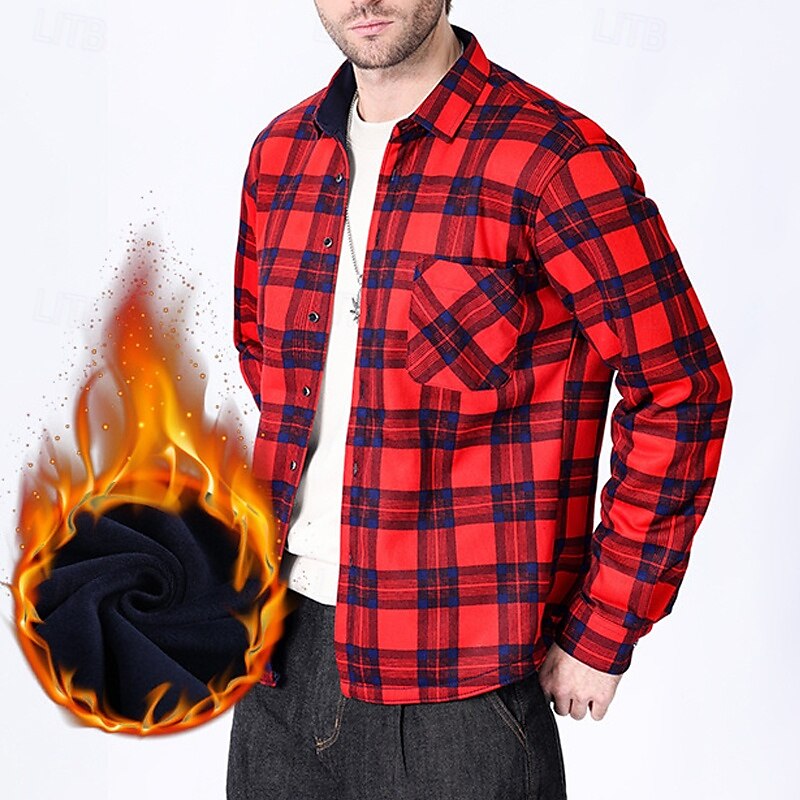 Men's Shirt Casual Shirt Beach Shirt Fleece Shirt Button Up Shirt Red Royal Blue Blue Orange Green Long Sleeve Plaid Lapel Vacation Hawaiian Pocket Clothing Apparel Polyester Fashion Casual 2025 - $28.99 –P11