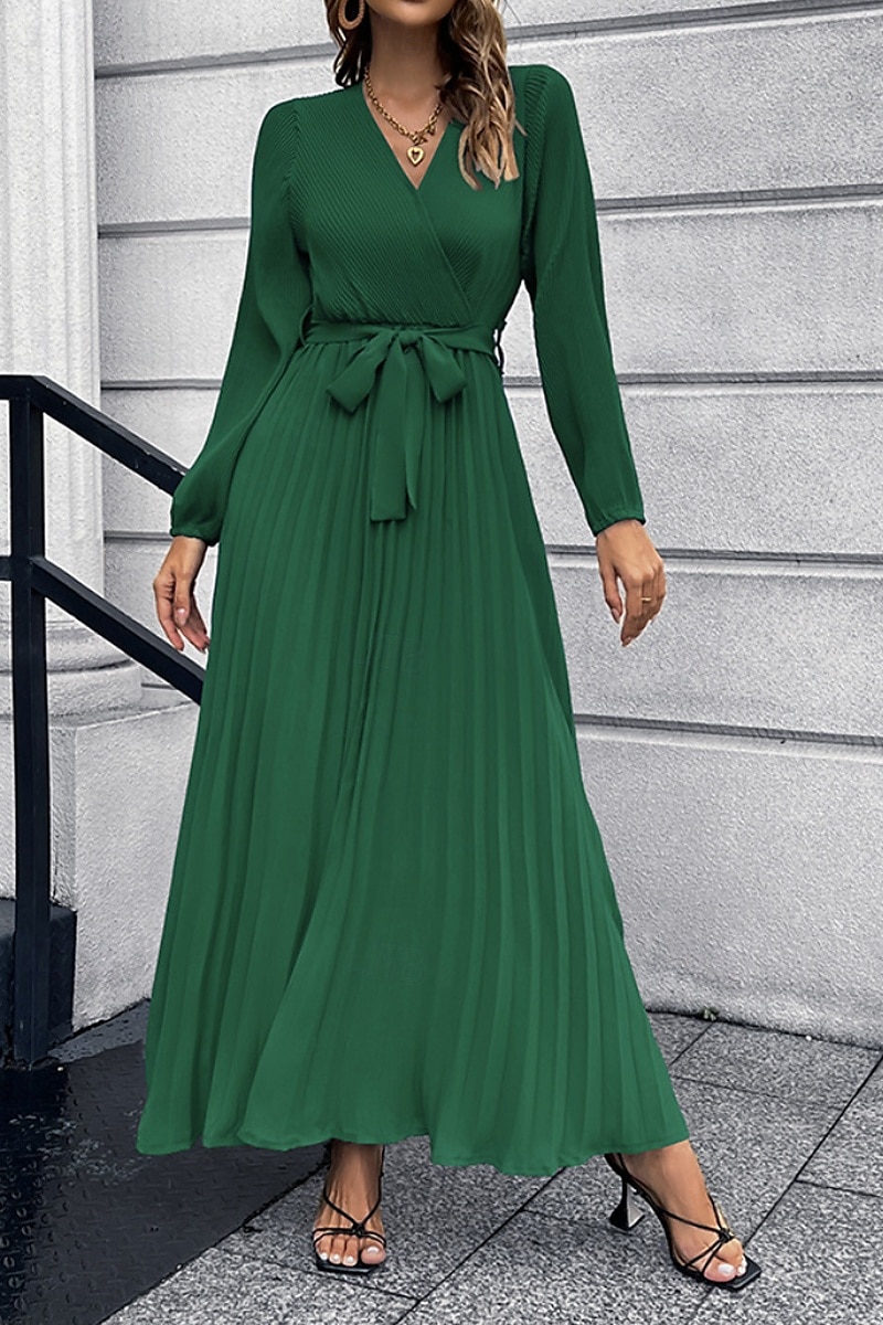 Dam Långklänning Maxiklänning Cocktail klänning Ruched Klänning Elegant Mode Födelsedag Tebjudning Utekväll Normal Slät Långärmad V-hals Svart Rubinrött Grön Sommar 2025 - $29.99 –P5
