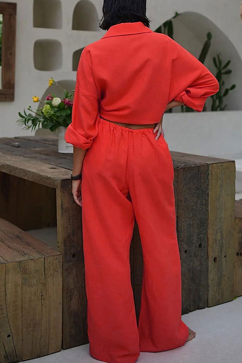 Women's Shirt Two Piece Sets Pants Sets Long Sleeve Shirt Collar Solid Color Dubbele Rij Knopen Fashion Basic Vacation Casual Daily White Red Dark Navy Summer Regular Fit 2026 - $36.99 –P11