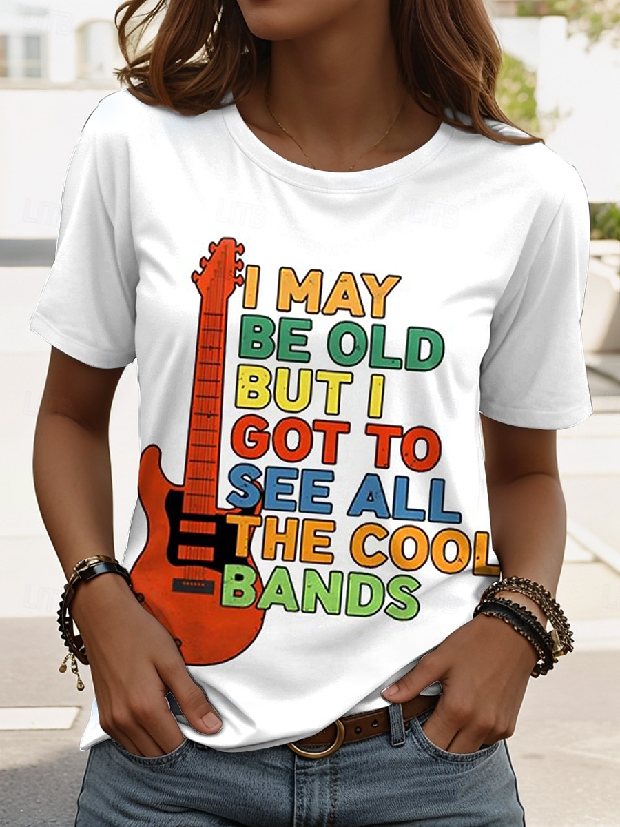 Festival de Música Mulheres Camiseta Gráfico Letra à moda Casual Manga Curta Decote Redondo Tops regulares Traje de festa para noite Diário Final de semana Imprimir Preto Branco Verão Primavera de 2025 por $19.99 –P2