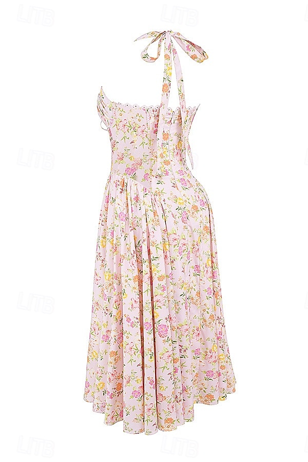 Retro Vintage Medieval Renaissance Midi Dress Flare Dress Ren Faire Halter Regency Inspired Floral Women's Masquerade Wedding Vacation Casual Daily Adults' Dress Summer 2025 - $32.99 –P2