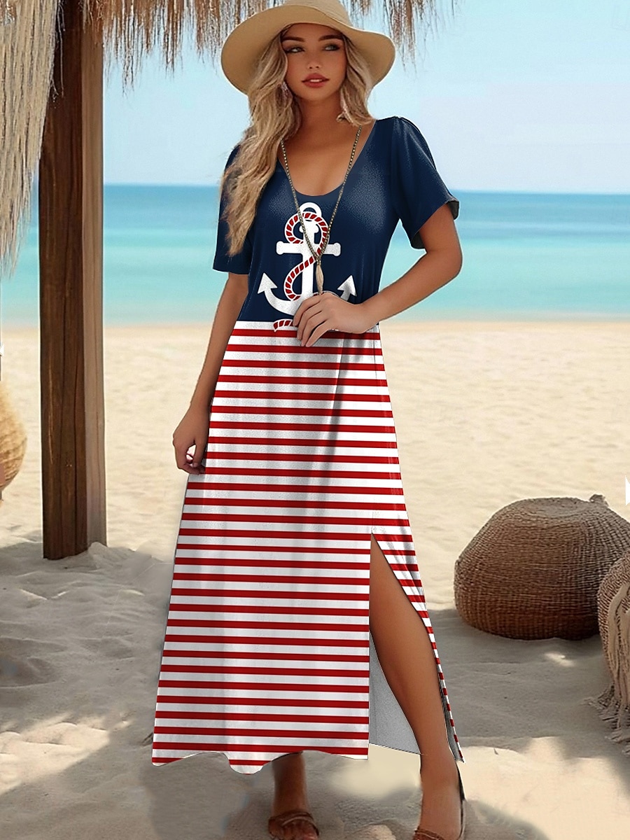Dámské maxi šaty tričkové šaty tee šaty sluneční šaty shift šaty letní šaty dovolená tropické stylové dovolená párty prázdniny regular fit geometrické pruhy krátký rukáv kulatý výstřih bílé temné 2025 - $23.99 –P5