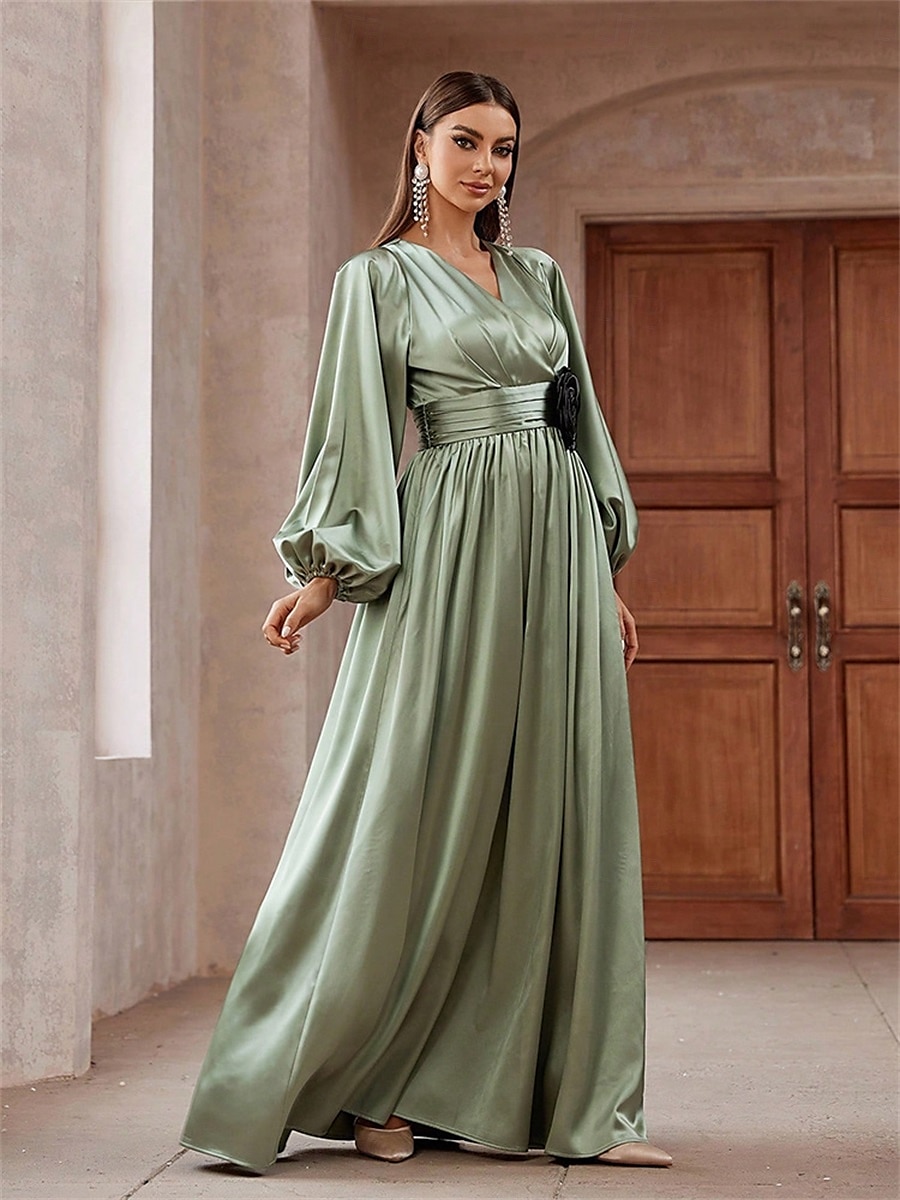 A-Linjet Quinceanera Klänningar Elegant Klänning Bröllop Bröllopsgäst Golvlängd Lång Ärmar V-Hals Polyester Med Fållar 2025 - $89.99 –P2