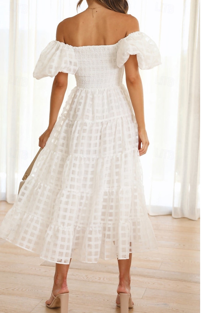 Women's Midi Dress Graduation Dress Fashion Modern Lantern Sleeve Vacation Graduation Weekend Regular Fit Plain Short Sleeve Off Shoulder Black White Yellow Pink Summer 2025 - $27.99 –P18