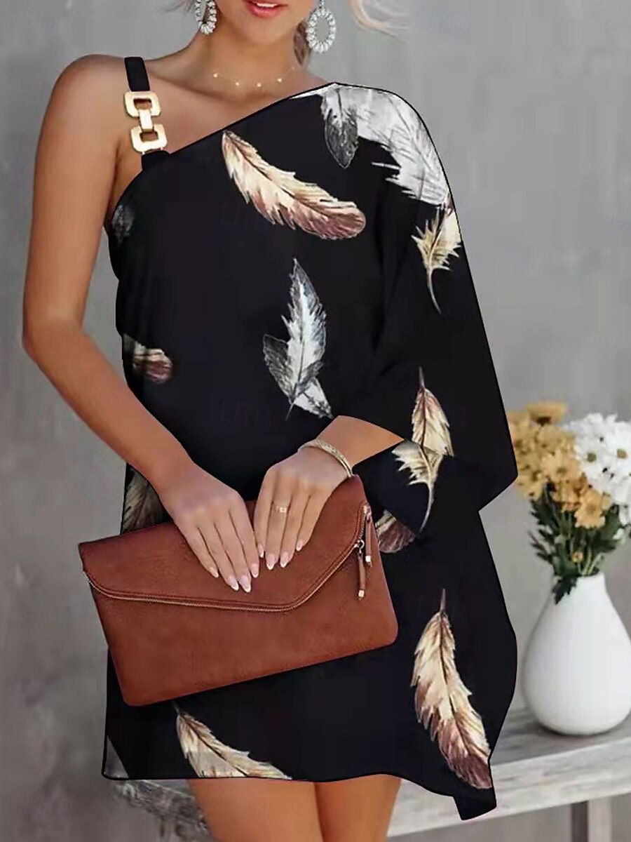 Rochie mini pentru femei Rochie Shift Rochie Off The Shoulder Casual Mâneci Flare Vacanță Stradă Casual Regular Fit Grafic Mâneci Lungi Asimetric Negru și Alb Negru Albastru Marin Portocalie 2025 - $20.99 –P5