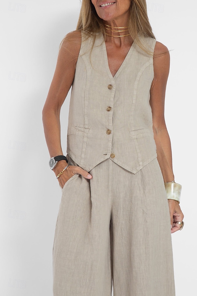 Women's Active Basic Linen-Inspired Sets Two Piece Sets Blouse Sleeveless V Neck Solid Color Dubbele Rij Knopen Vacation Casual Daily Black White Wine Summer Regular Fit 2025 - $26.99 –P2