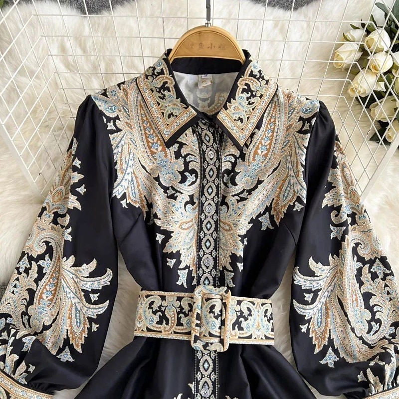 Női Midi ruha Boho ruha Divat Szabadság Alkalmi Hétvége Normál Virág Hosszú ujj Állógallér Fekete Medence Sárgabarack Nyár 2025 - $31.99 –P10