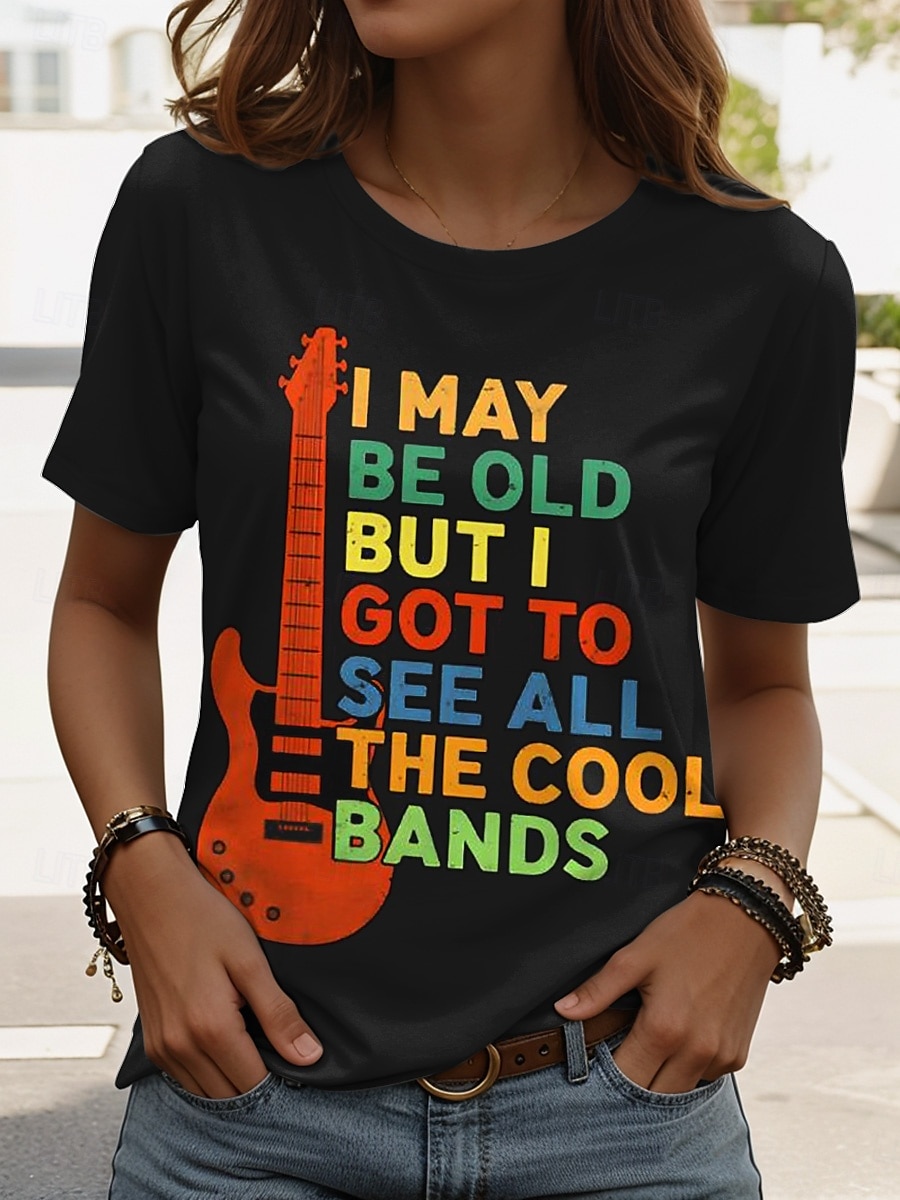 Festival de Música Mulheres Camiseta Gráfico Letra à moda Casual Manga Curta Decote Redondo Tops regulares Traje de festa para noite Diário Final de semana Imprimir Preto Branco Verão Primavera de 2025 por $19.99 –P1