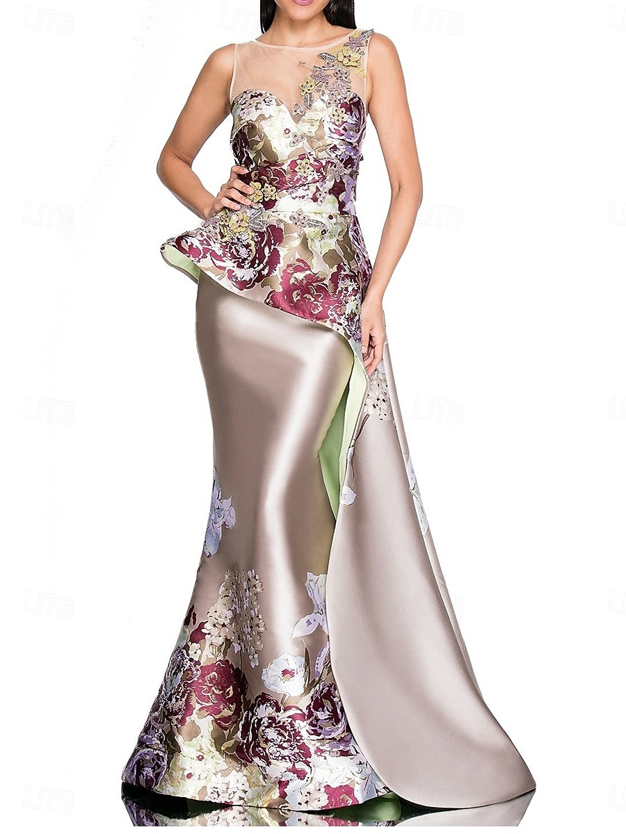 Mermaid Peplum Kjole Kveldsdrakt Elegant Kjole Bryllup Bryllupsgjest Gulvlengde Uten Ermer Crew Utringning Sateng med Blomstertrykk og Brodert Blonder 2025 - $199.99 –P5