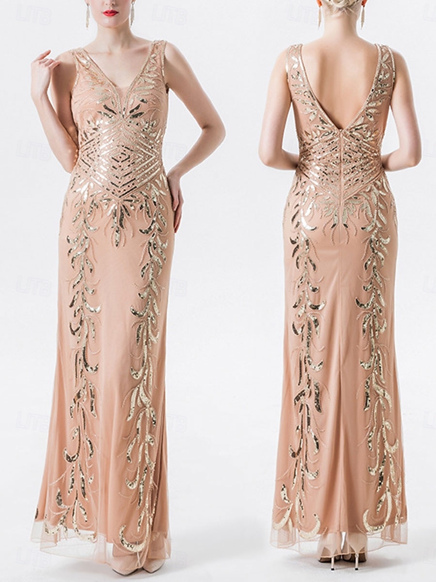 Kleid Brautmutterkleid Elegant Party V Ausschnitt Bodenlang Polyester Ärmellos mit Paillette 2025 2025 - $79.99 –P3