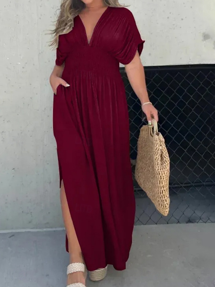 Damen Langes Kleid Maxikleid Weißes Kleid Freizeitkleid Schwingkleid Sommerkleid Mode Modern Täglich Ferien Strand Normale Passform Einfach Kurzarm V Ausschnitt Burgunderrot Marineblau Braun Aprikose 2025 - $21.99 –P12