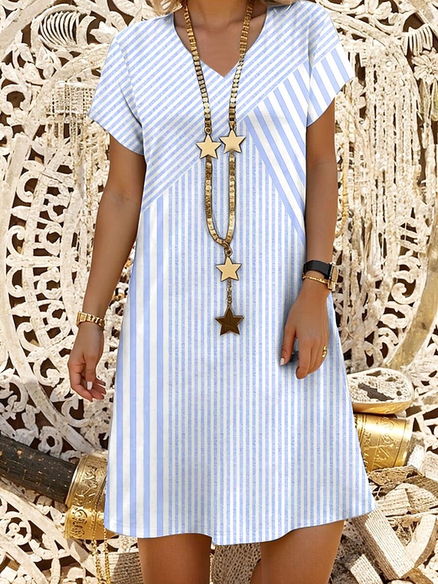 Robe Mini Femme Robe A Ligne Robe Décontractée Robe d'Été Stylée Décontractée Quotidienne Ajustement Régulier Graphique Rayé Manches Courtes Col V Rose Bleu Gris Été Printemps de 2025 ? $28.99 –P2