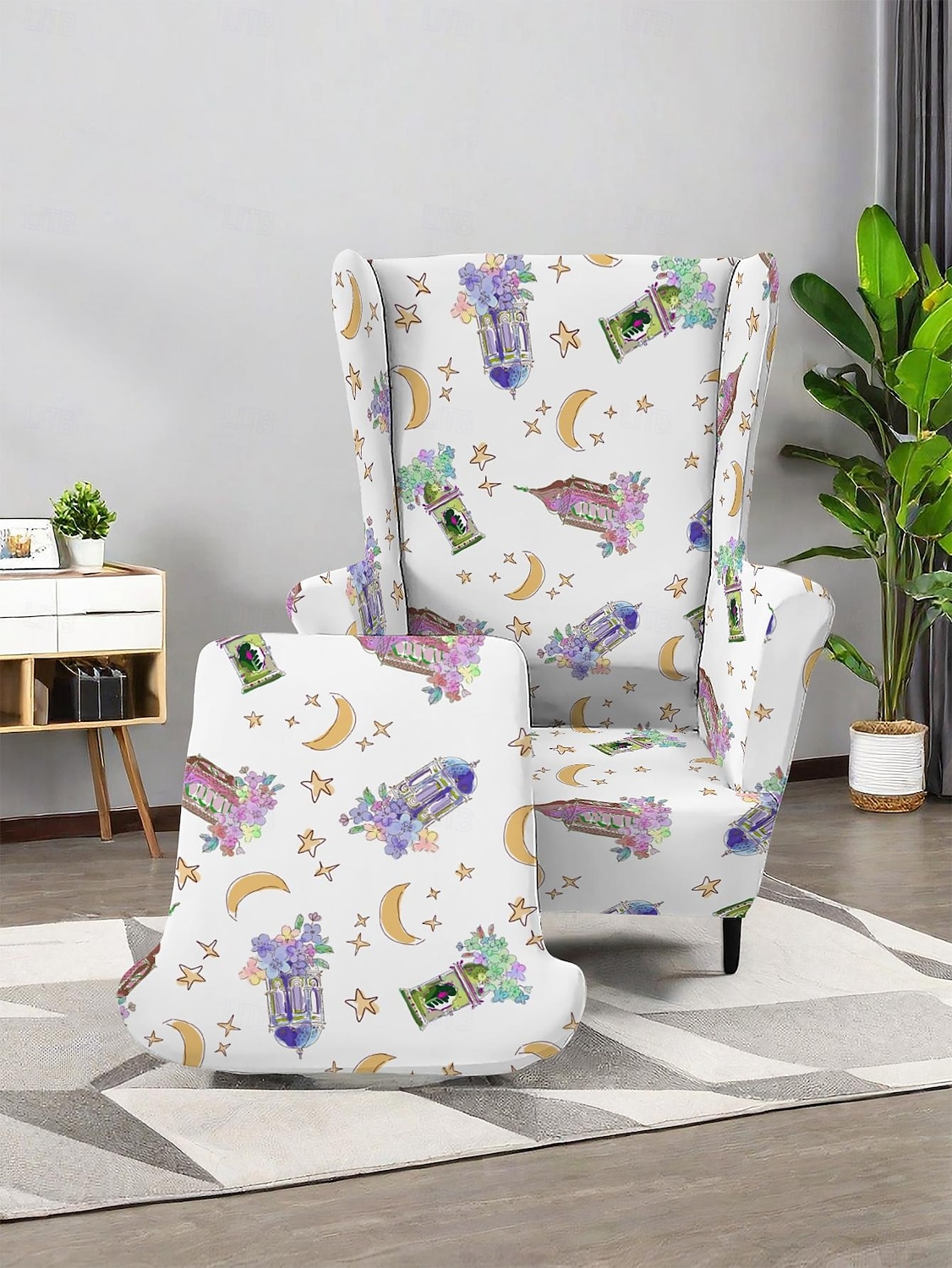 wingback stolsöverdrag, blomrandigt geometriskt tryckt polyesteröverdrag, töjbart och avtagbart, perfekt för att skydda och återuppliva dina möbler 2025 - $35.99 –P3