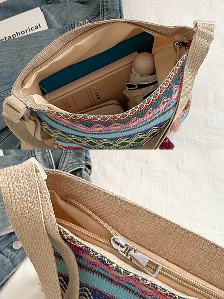 damska torba na ramię z frędzlami w stylu boho, etnicznym i haftowanym - wiele sposobów noszenia, można jej używać jako plecaka, nadaje się na codzienne podróże, festiwale i do noszenia na co dzień 2025 - $14.99 -P8