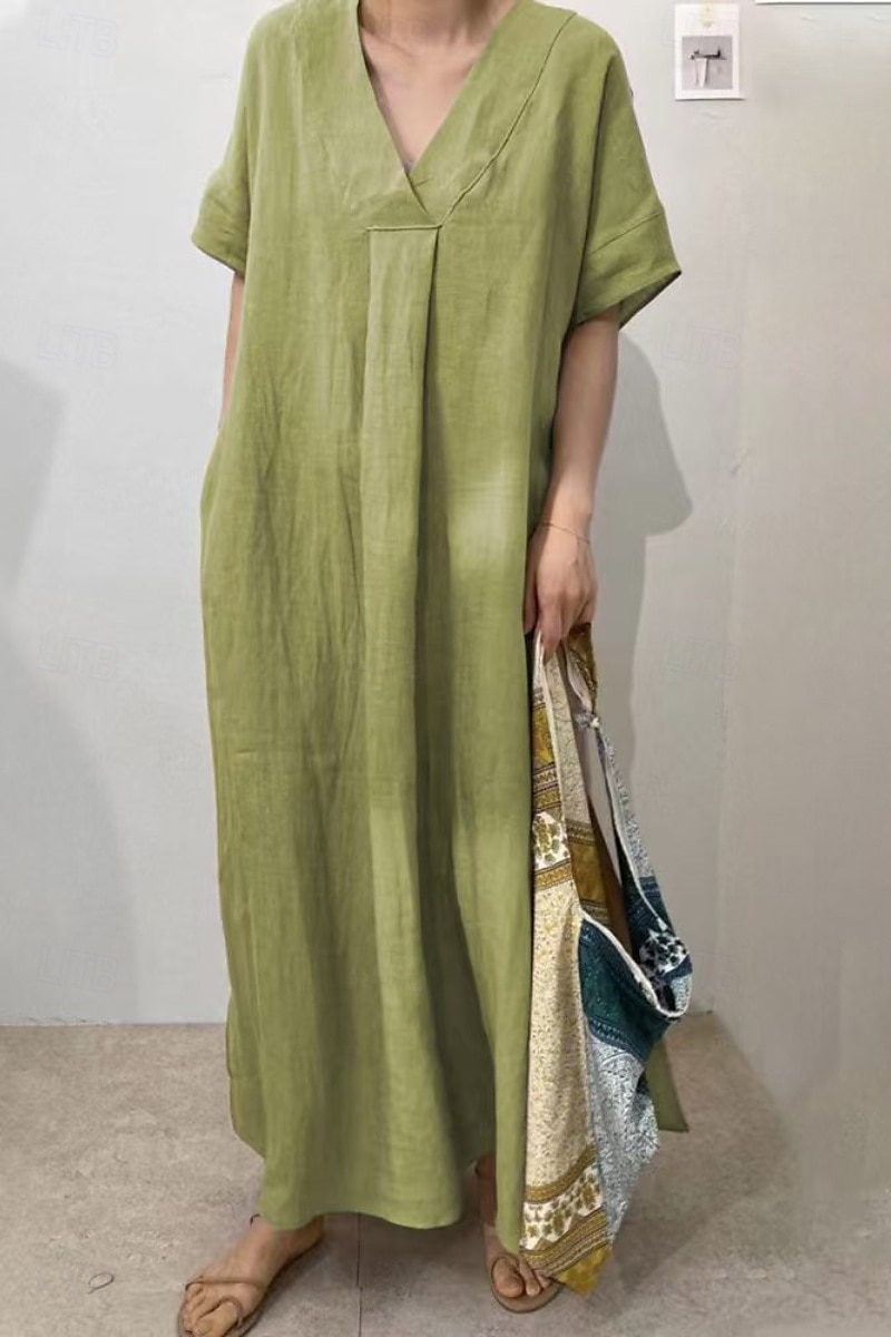 Femmes Robe Midi Robes inspirées du lin Robe en coton et lin Mode Classique Moderne Quotidien Fête Week-end Coupe régulière Uni Manche Courte Col en V Rouge Chameau Violet Vert Été de 2025 ? $32.99 –P3
