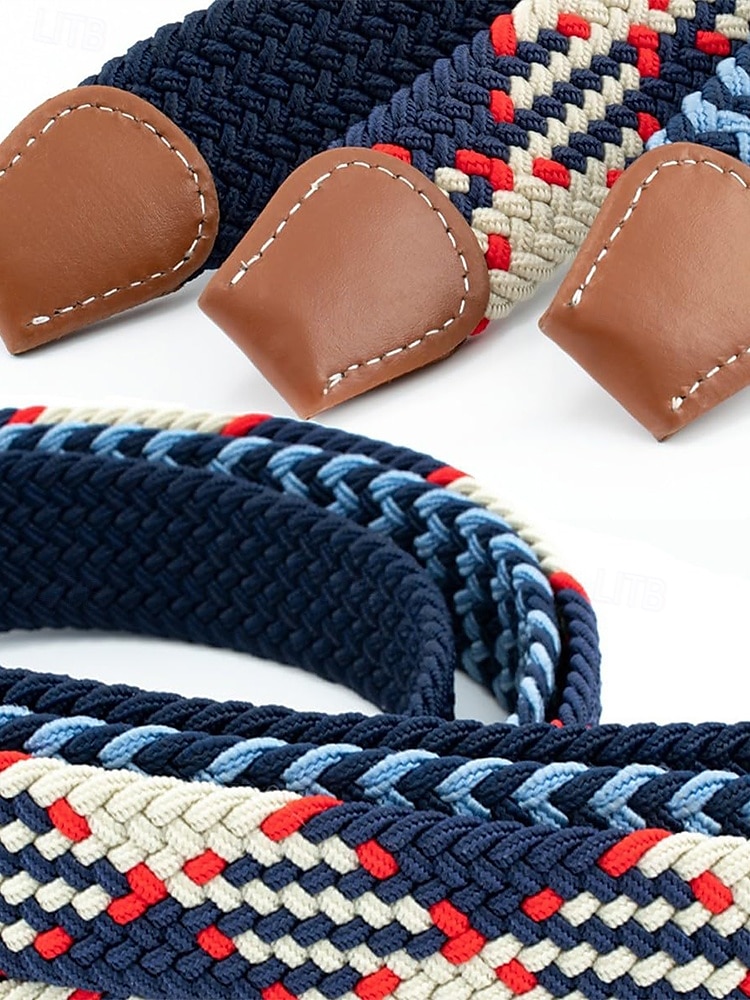 Men's Braided Elastic Stretch Belt – Multicolor Woven Design with Leather Tip & Metal Buckle, Casual & Golf Style, Adjustable Fit for Jeans & Trousers, Perfect for Sports & Everyday Wear 2025 - $11.99 –P3