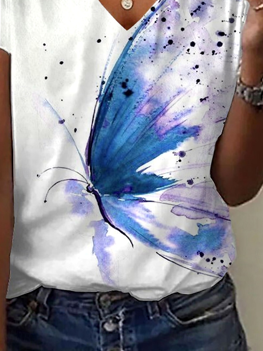Femmes T-shirt Graphique Papillon Mode Hawaïen Occasionnel manche longue Col en V Hauts Réguliers Quotidien Sortir Week-end Imprimé Bleu Été Printemps de 2025 ? $19.99 –P3
