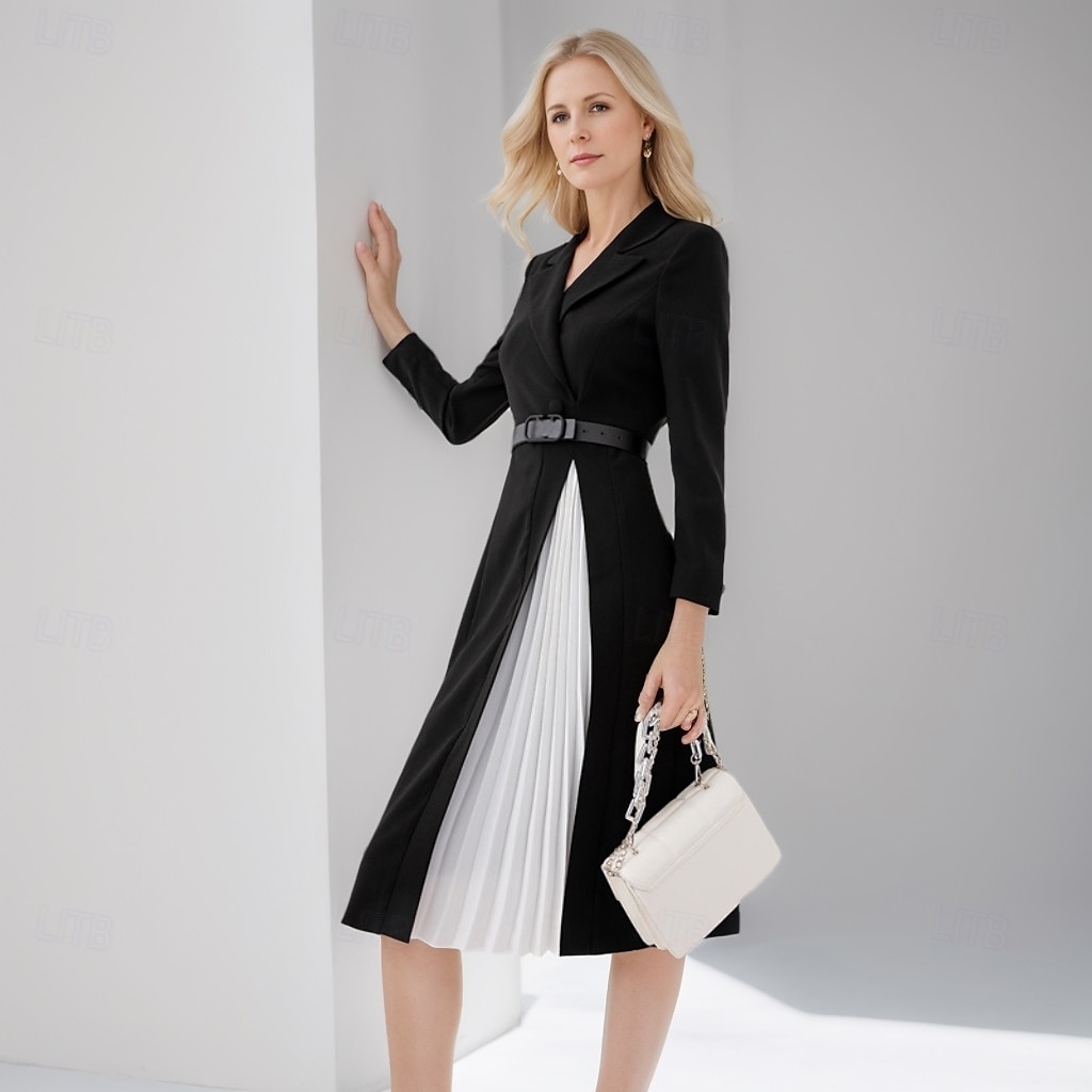 Vestido Mãe da Noiva Vestido Elegante Vintage Festa Colarinho de Camisa Comprimento Chá Tecido Stretch Manga Longa com Bloco de Cor Midi Dress 2025 de 2025 por $156.99 –P1
