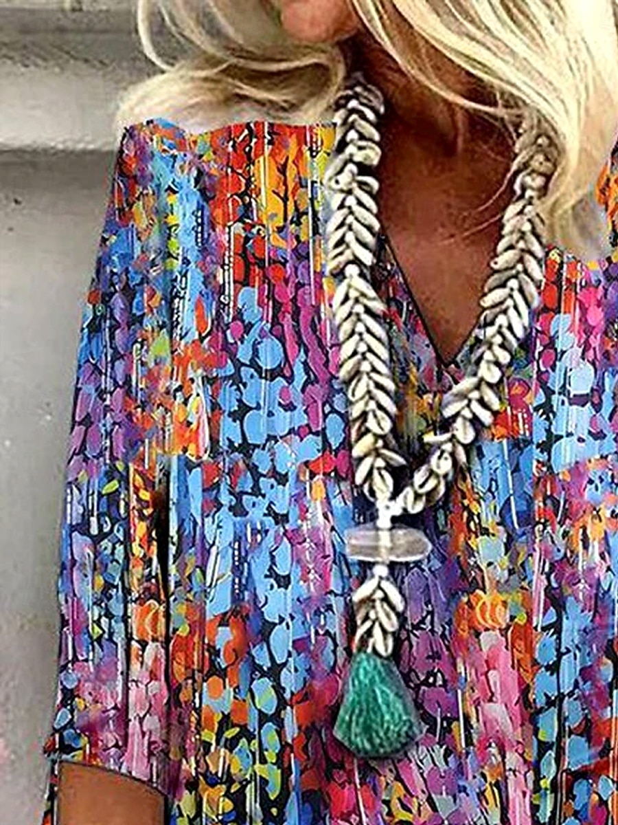 Damen Bluse Ombre Blumen Grafik Stilvoll Strand Kurzarm V Ausschnitt Normale Oberteile Täglich Druck Regenbogen Sommer Frühling 2025 - $25.99 –P2