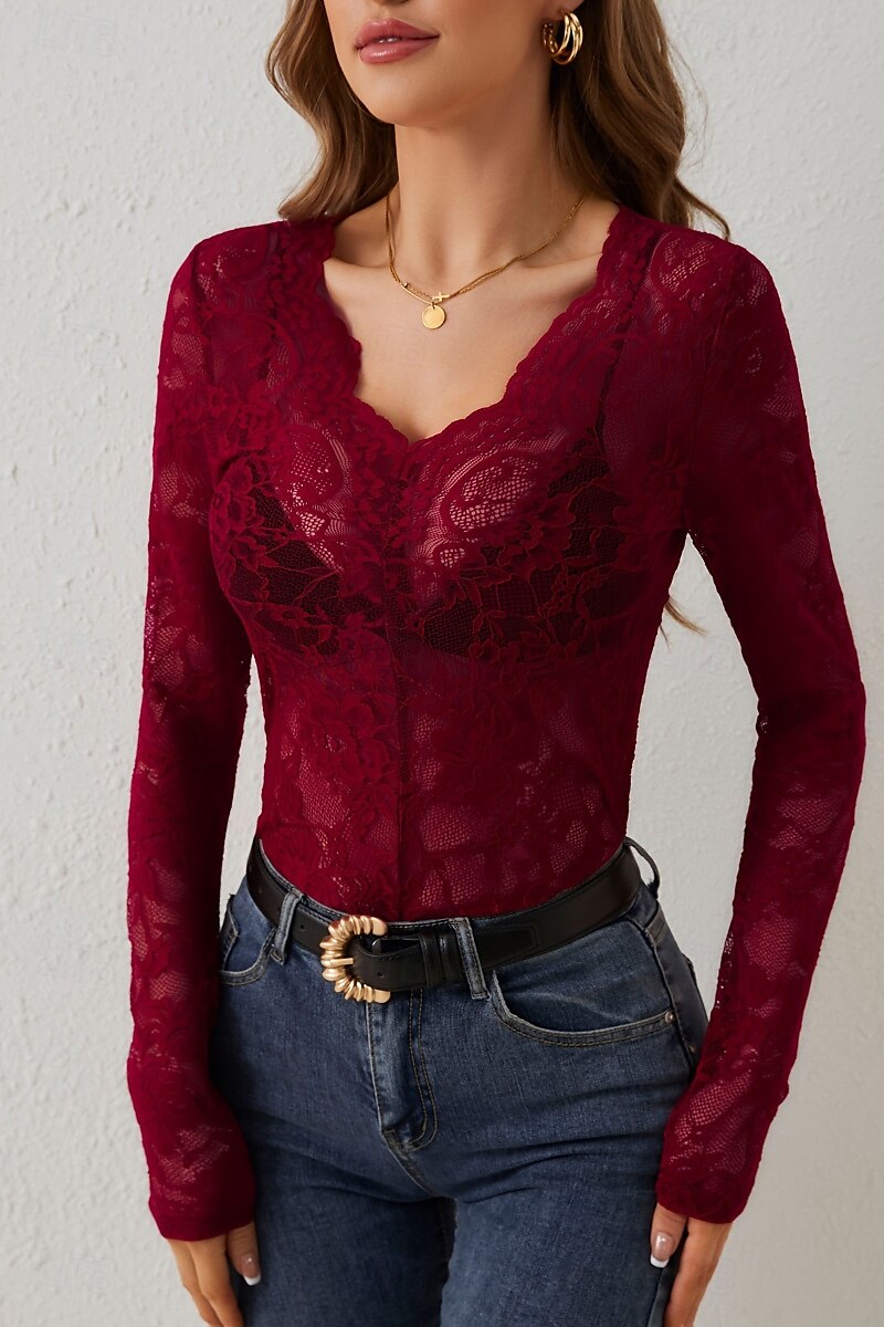 Damen Spitzenhemd Bluse Glatt Stilvoll Langarm V Ausschnitt Normale Oberteile Täglich Ausgehen Spitze Schwarz Weiß Wein Sommer 2025 - $17.49 –P15