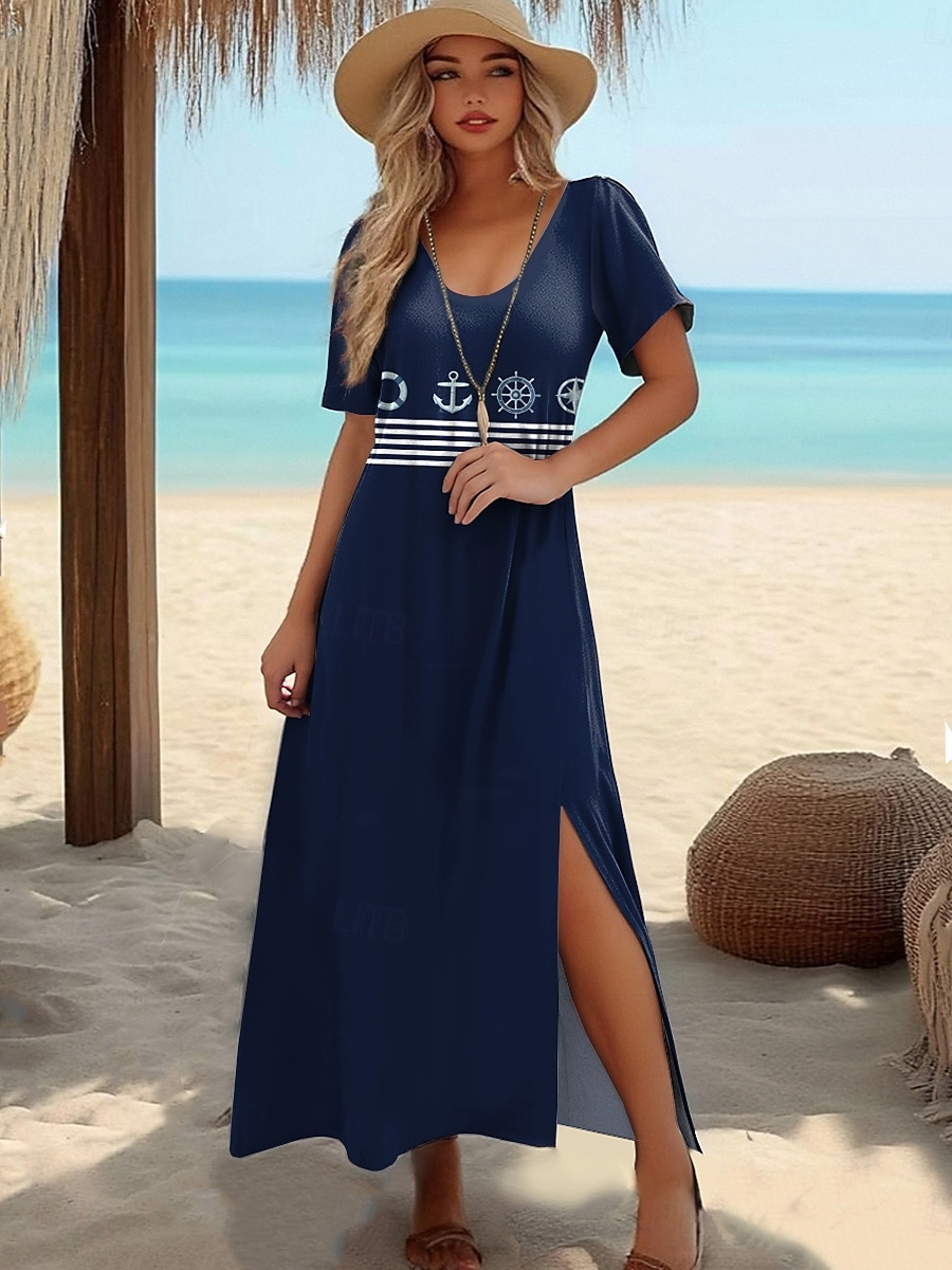 Dámské maxi šaty tričkové šaty tee šaty sluneční šaty shift šaty letní šaty dovolená tropické stylové dovolená párty prázdniny regular fit geometrické pruhy krátký rukáv kulatý výstřih bílé temné 2025 - $23.99 –P4