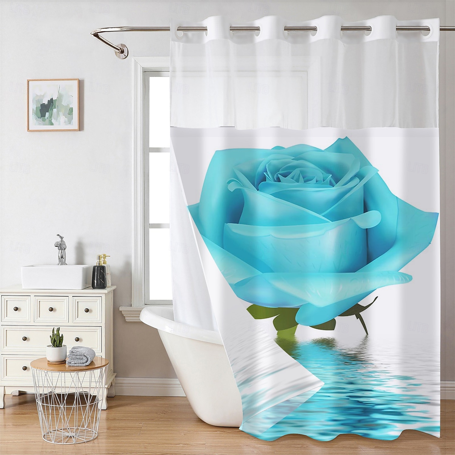 Ensemble de rideaux de douche à motifs floraux en tissu gaufré avec doublure snap-in et fenêtre transparente polyester déperlant haut avec œillets sans crochet rideau de séparation de salle de bain de 2025 ? $41.99 –P3