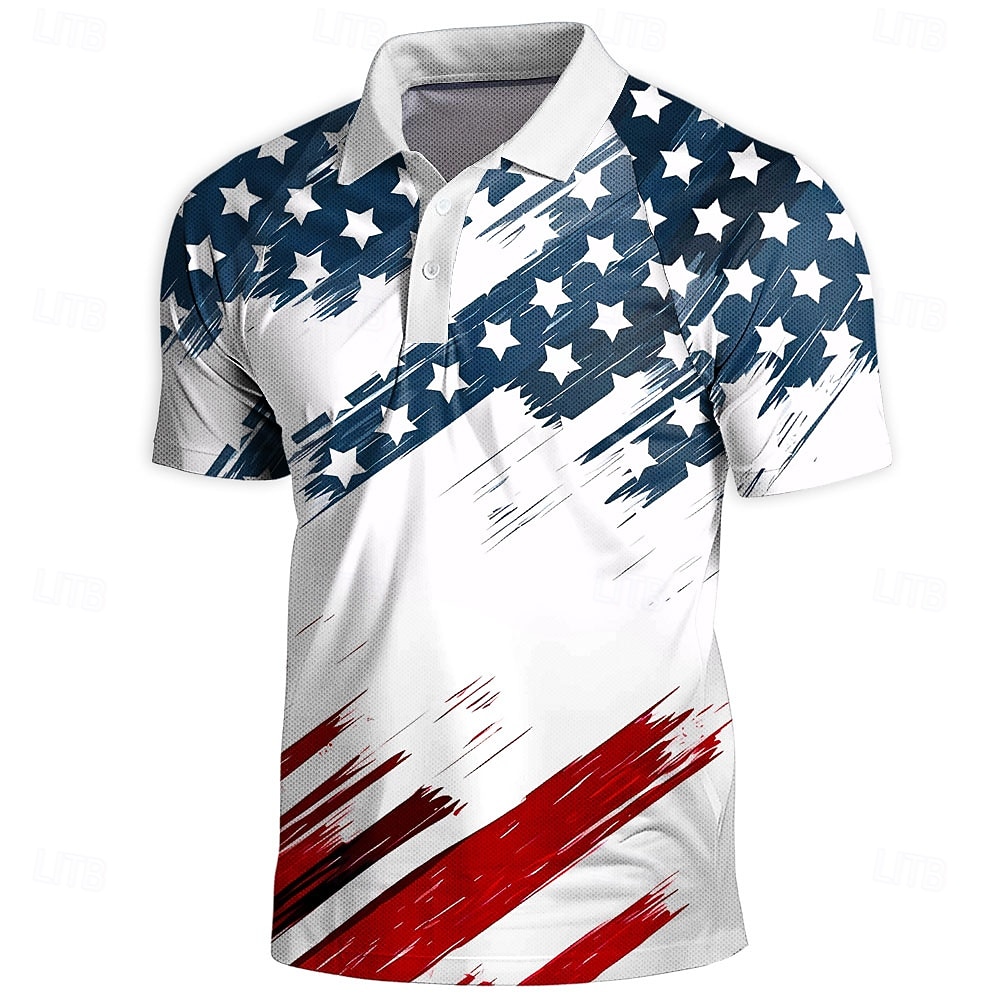 2026 250. Herren Amerikanische Flagge Polo Kurzarm Polo Shirts Kragen Shirts Vintage Freizeit Outdoor Athleisure 3D-Druck Knöpfe Sommer Blau Weiß Dunkelblau 2026 - $22.99 –P1