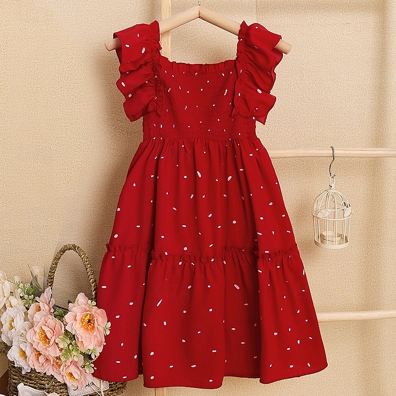 Kids Girls' Dress Polka Dot Sleeveless Outdoor Casual Ruched Fashion Adorable Polyester Above Knee Casual Dress A Line Dress Polka Dot Dress Summer Spring 4 years+ Red 2025 - $22.99 –P2