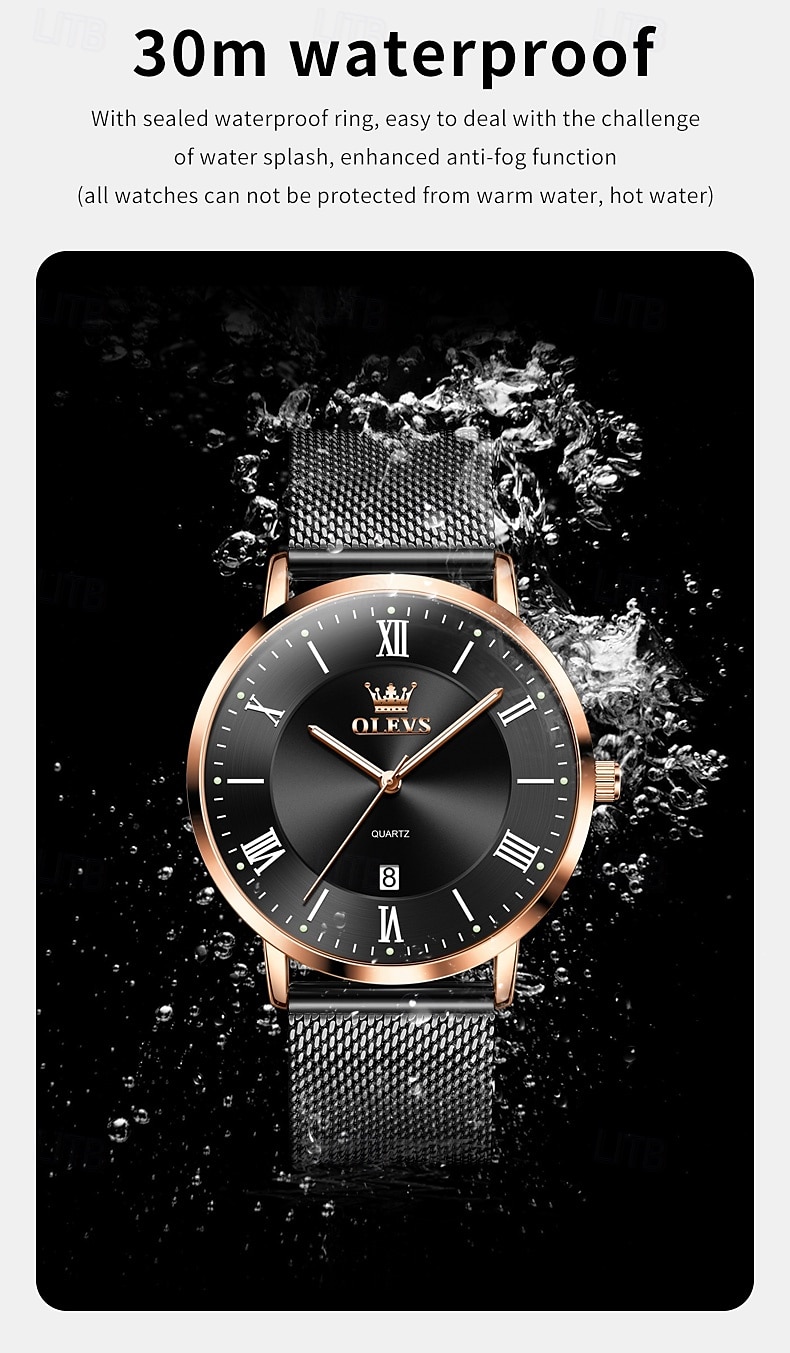OLEVS 5623 Mens Watch Simple Leisure Roman Scale Date Dial Stainless steel Waterproof Quartz Watch Rose Black 2025 - $39.99 –P7