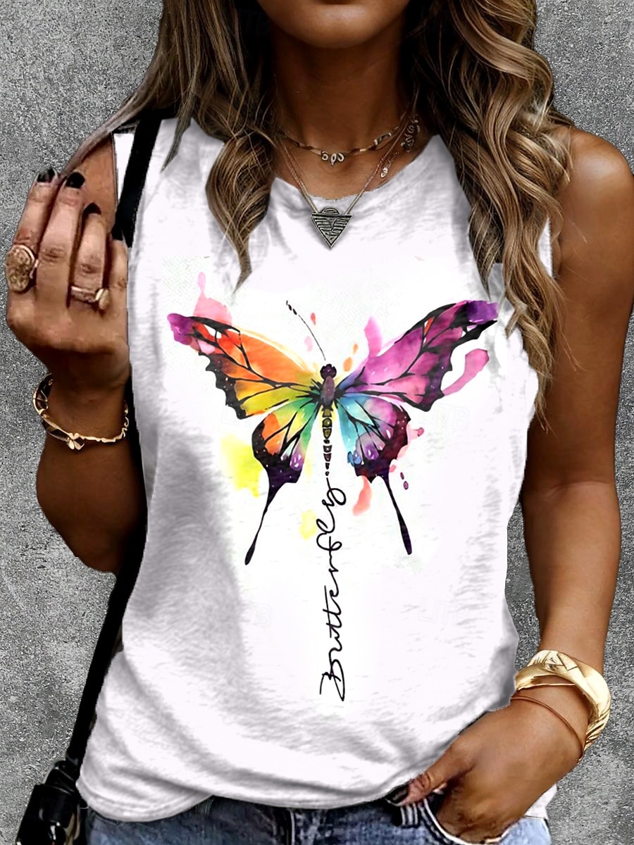 Top na ramiączkach dla kobiet Graficzny Wzór Motyla Stylowy Casual Bez rękawów Okrągły dekolt Regularne bluzki Codziennie Print Biały Lato 2025 - $17.99 –P1