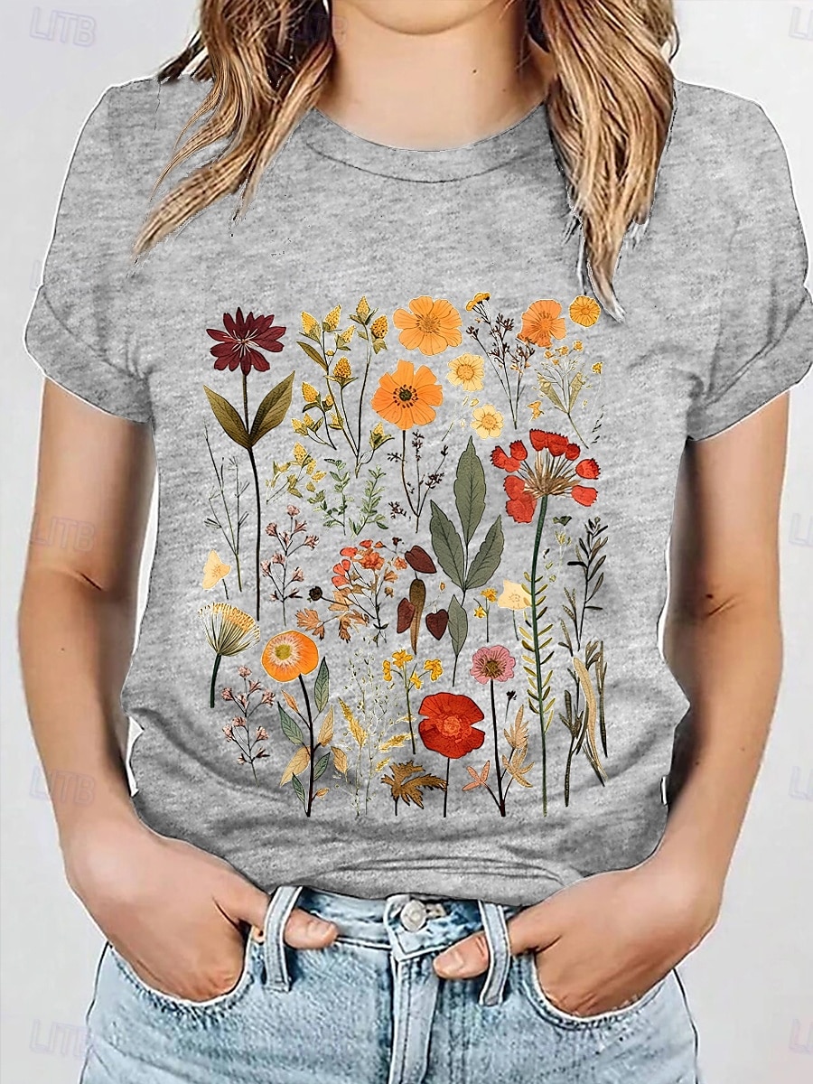 Women's T Shirt Print Floral Basic Short Sleeve Round Neck Regular Tops Daily Weekend Black White Gray Summer 2026 - $21.99 –P5