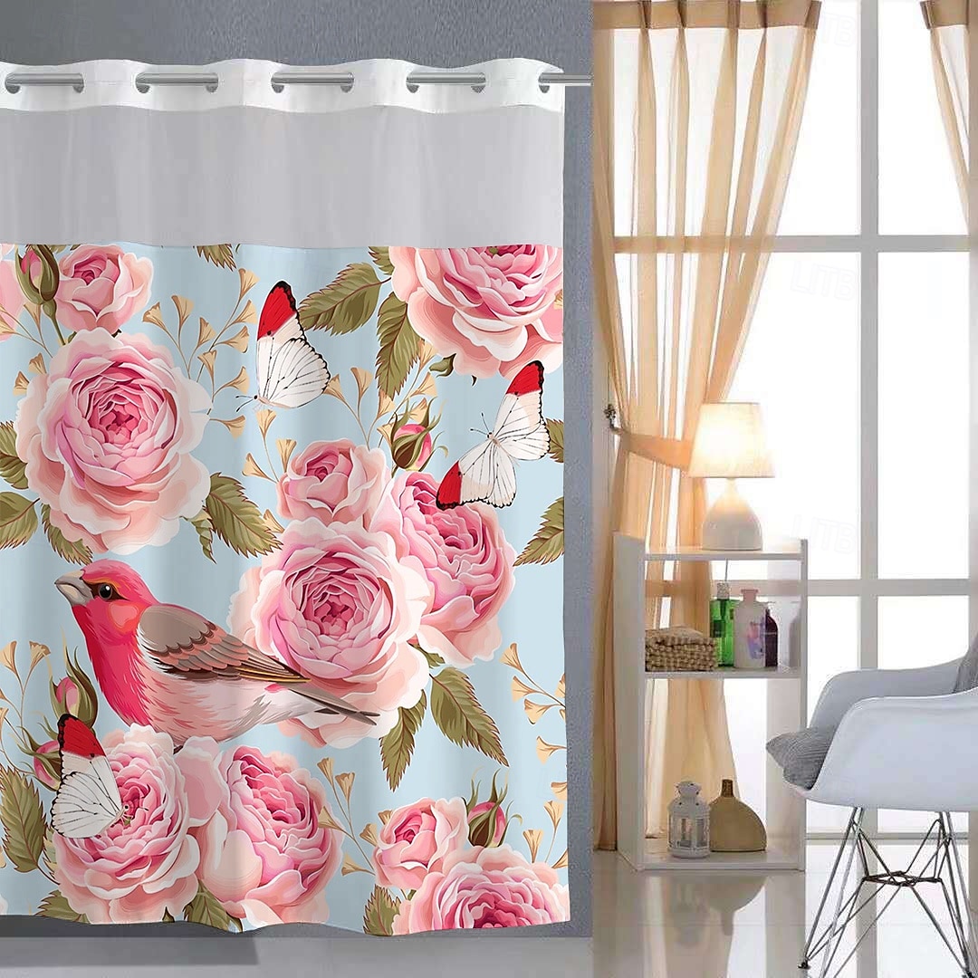 Ensemble de rideaux de douche à motifs floraux en tissu gaufré avec doublure snap-in et fenêtre transparente polyester déperlant haut avec œillets sans crochet rideau de séparation de salle de bain de 2025 ? $41.99 –P14
