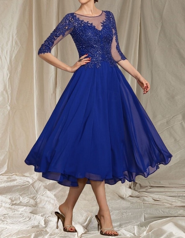 Robe de mère de la mariée en A-Line pour invitée de mariage col rond élégant longueur thé chiffon tulle manches demi-longues avec perles appliqués robe midi de 2025 ? $173.99 –P3