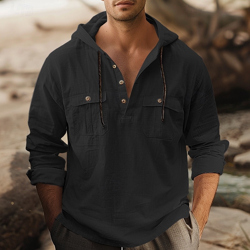 Per uomo Camicia Camicia di lino Camicia Estiva Camicia da Spiaggia Camicia con cappuccio Semplice Casuale Quotidiano Nero Bianco Marrone Cachi Manica Lunga Con Cappuccio Primavera & Estate del 2025 a $26.99 –P6