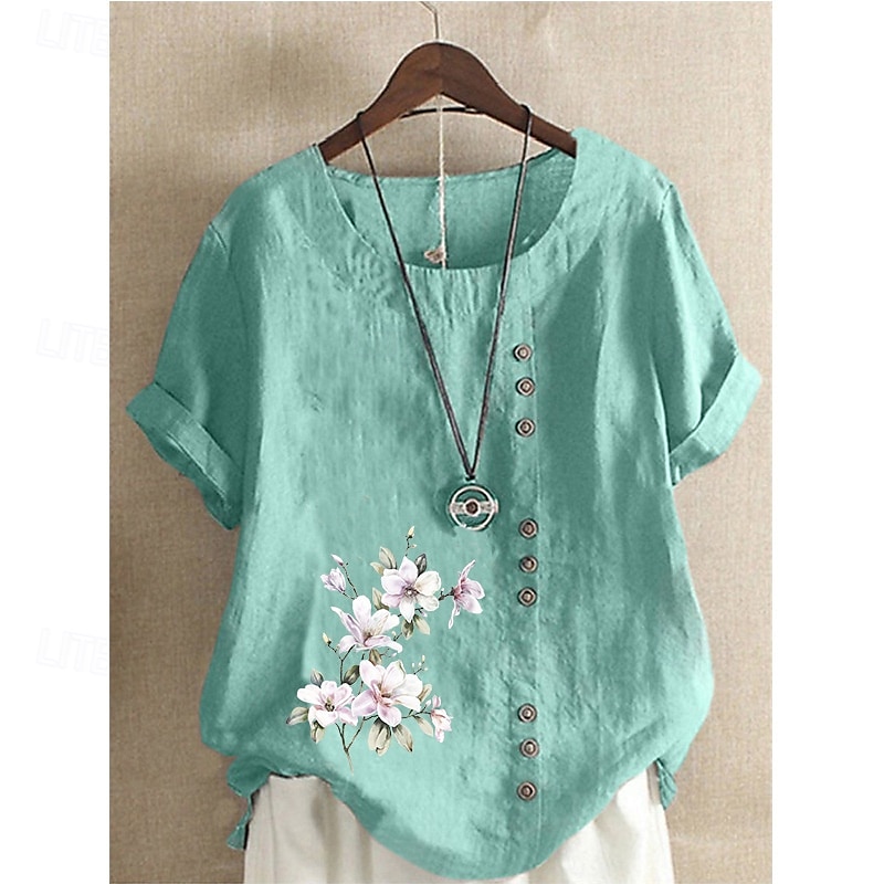 Femmes Chemisier Chemises en coton et lin Fleur Occasionnel Manche Courte Col ras du cou Hauts Réguliers Quotidien Fête Imprimé Blanche Jaune Vert Véronèse Vert Été de 2025 ? $22.99 –P4