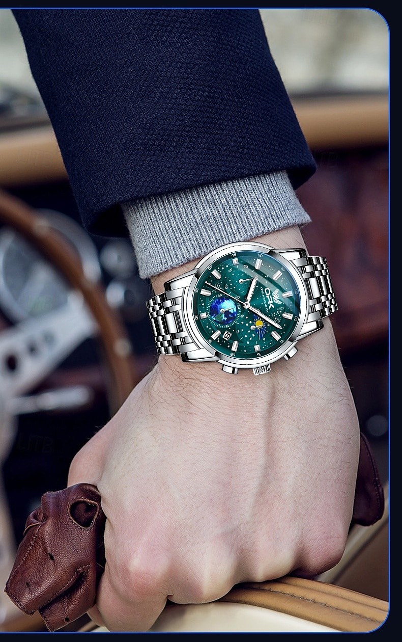 opk quartz horloge voor heren sterrenhemel weergave maanfase multifunctioneel roestvrij staal waterdicht luxe heren quartz horloge 8142 2025 - $32.99 -P15
