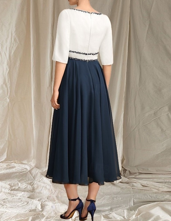 A-Linie Brautmutterkleid Hochzeitsgast Elegantes Rundhals Tee-Länge Chiffon Satin Halbarm mit Perlen Raffung Midi Kleid 2025 2025 - $145.99 –P2