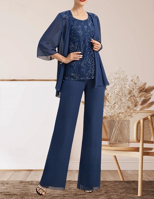 Jumpsuit / Pantsuit Mother of the Bride Dress Wedding Guest Elegant Crew Neck Floor Length Chiffon Lace 3/4 Length Sleeve with Lace 2025 - $168.99 –P2