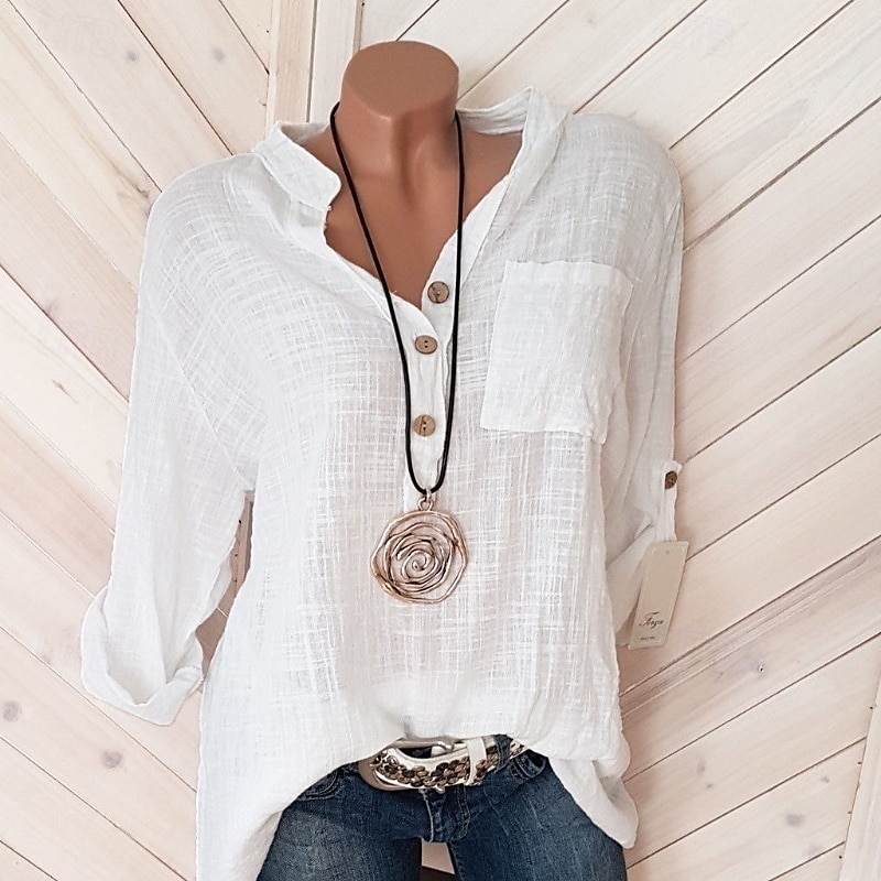 Women's Shirt Blouse Cotton Linen Shirts Plain Basic Modern Long Sleeve V Neck Regular Tops Daily Holiday Buttons Pocket White Pink Red Khaki Summer 2025 - $22.99 –P2