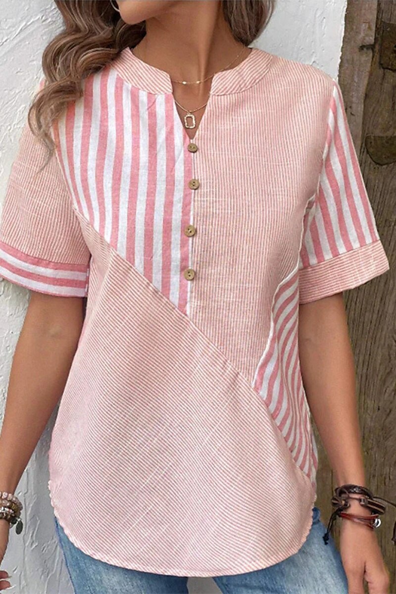 Mulheres Blusa Listrado Moderno Casual Manga Curta Decote V Tops regulares Diário Feriado Para Noite Botões Verde Claro Rosa Azul Real Verão de 2025 por $25.99 –P1
