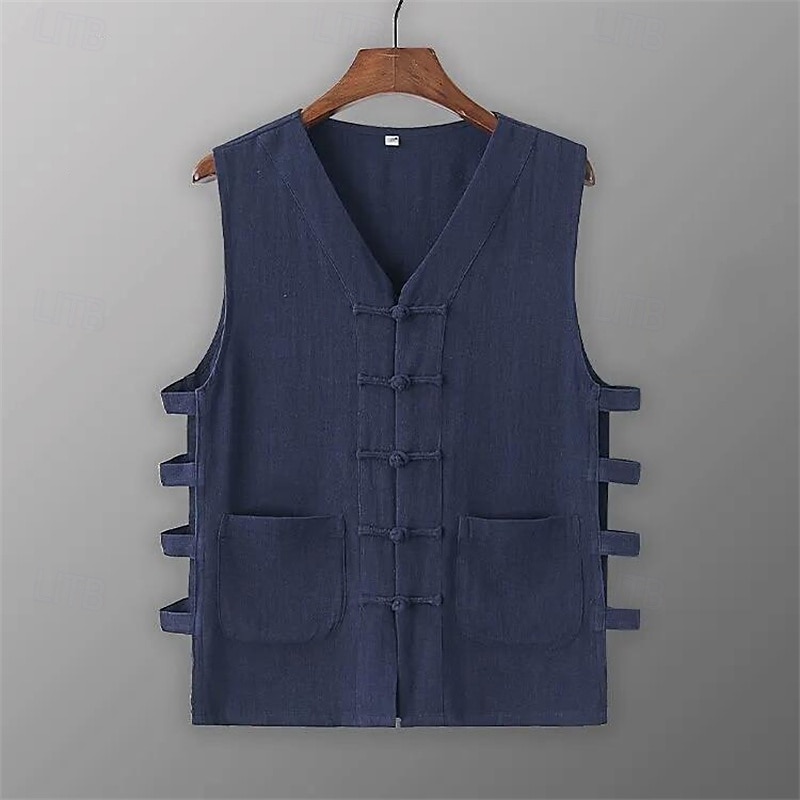 Herr Linne Undertröjor Ärmlös tröja Ärmlös V-hals Sommar Slät Designer Grundläggande Kineseri Knappar Semester Gata Utekväll Svart Vit Vin Topp t-shirt för män 2025 - $15.49 –P4